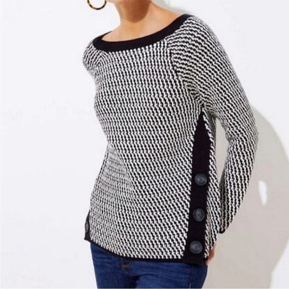 LOFT Black and White Swing Sweater with Button Detail Cozy Fall Winter Sweater